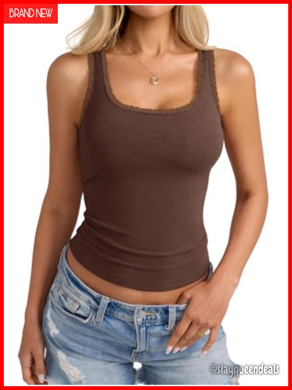 Womens Lace Trim Cotton Ribbed Tank Top Scoop Neck Camisole